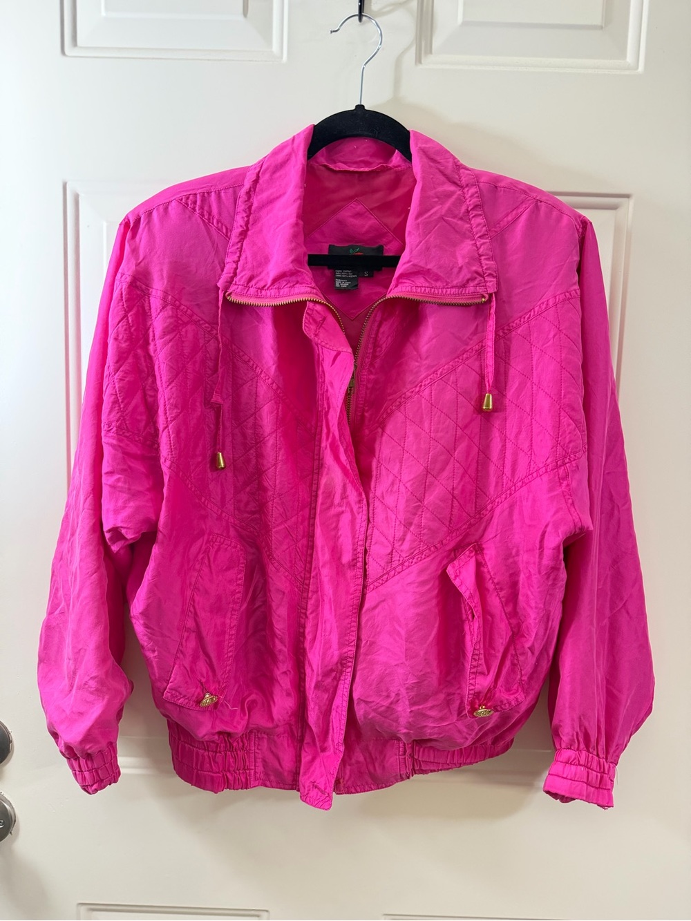 Vintage 80s Chili Pepper Hot Pink 100% Silk Bomber Jacket Windbreaker Sz S 0397